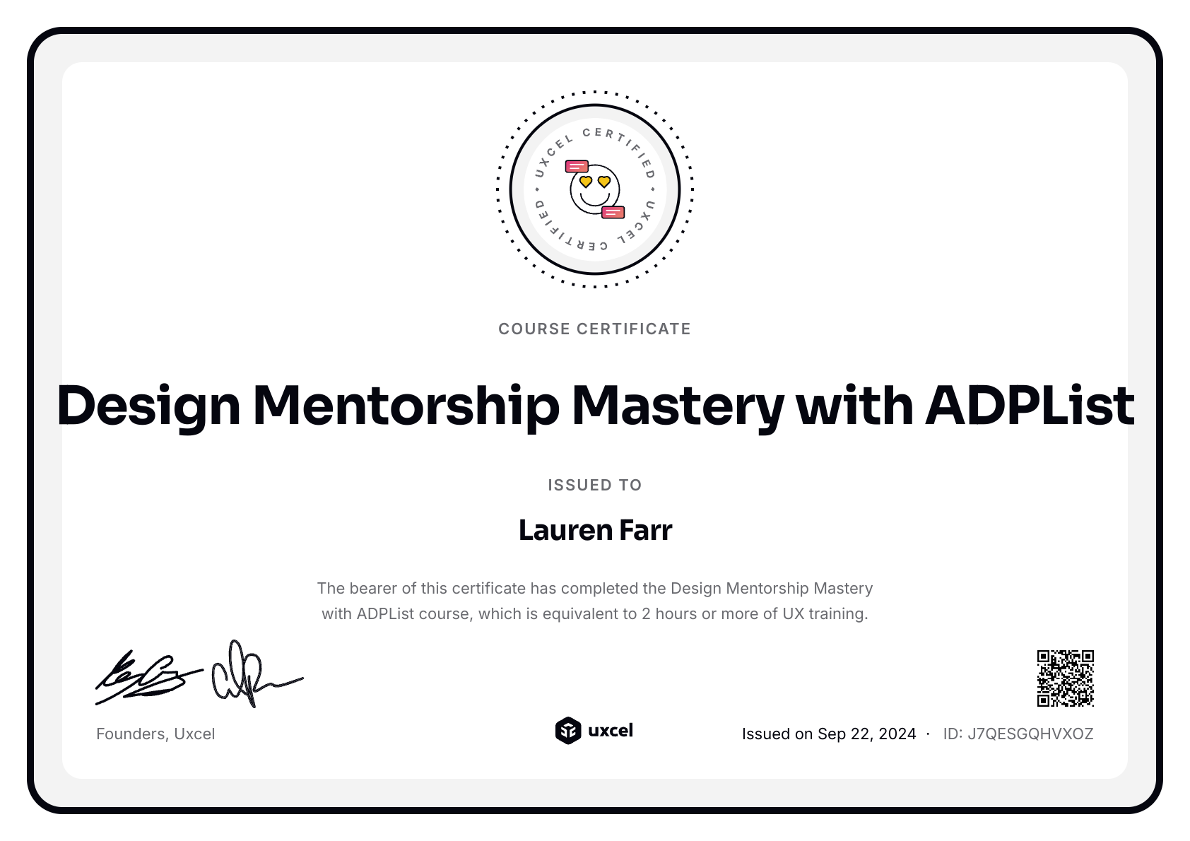 Lauren Farr's certificate